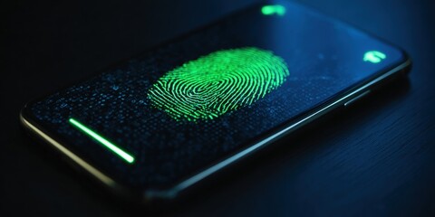 Poster - A smartphone displays a glowing green fingerprint scan, highlighting biometric security technology.