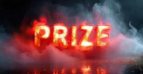 Poster - Dramatic image displays glowing PRIZE text. Red, blue smoke creates intense atmosphere. Reflections shimmer below letters. Dark background enhances visual impact.