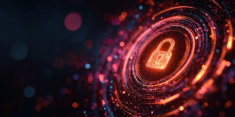 Poster - A glowing digital padlock symbolizes cybersecurity and data protection in a tech-inspired abstract background.