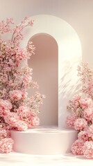Poster - Delicate pink flowers surround a minimalist archway, creating a tranquil and inviting atmosphere. Soft natural light enhances the beauty of the blossoms