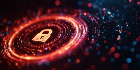 Poster - A glowing padlock at the center of digital rings symbolizes cybersecurity and data protection in a high-tech, abstract environment.