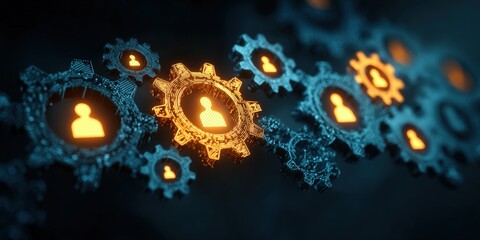 Poster - Digital gears with user icons symbolize teamwork, connectivity, and network integration in a tech-driven environment.