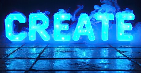 Aufkleber - Bright blue neon word CREATE sits upon dark tiled surface. Smoke rises around glowing letters, creating dramatic effect.