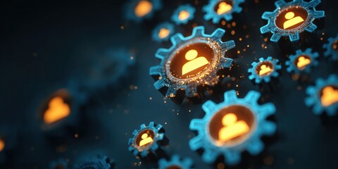 Poster - Glowing user icons inside blue gears symbolize human resources, teamwork, and digital collaboration on a dark background.