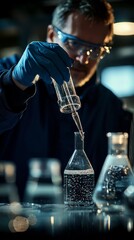Aufkleber - Laboratory filled with glassware as a scientist carefully transfers liquid with a pipette while wearing safety gloves and goggles. The atmosphere is focused and academic