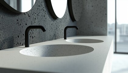 Poster - Close-Up Shot Of Double Sink With Oval Mirrors Mounted On Concrete Wall, White Cabinet With Black Faucet In 1st Bathroom. Rendered Image.
