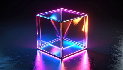 Poster - Glowing Neon Color Cube On Dark Background