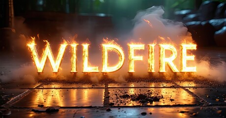 Aufkleber - Fiery text spelling WILDFIRE rests upon wet pavement. Smoke surrounds glowing letters, creating dramatic visual effect. Dark background enhances intensity.