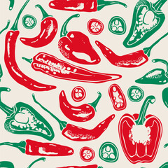 Various red, green hot chili Peppers. Whole, sliced, cut. Top, side view. Different types. Hand drawn modern Vector illustration. Farm market, natural eco product concept. Seamless pattern, background