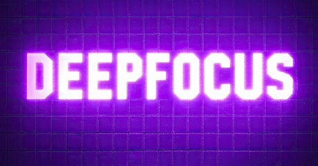 Aufkleber - Bright neon sign displays DEEPFOCUS against purple tiled wall. Dark background emphasizes glowing text. Simple, modern aesthetic.