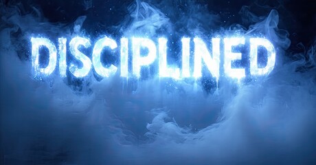 Aufkleber - Bright word disciplined glows amid swirling blue smoke. Dramatic lighting creates intense visual impact. Focus rests upon central text.
