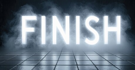 Aufkleber - Bright neon word FINISH glows above tiled floor. Smoke fills background creating dramatic effect. Minimalist design.