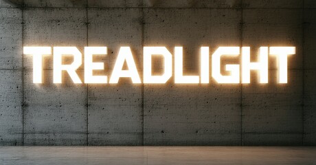 Poster - Concrete wall displays illuminated text, TREADLIGHT. Minimalist aesthetic, strong contrast, simple composition. Focus on typography, light source.