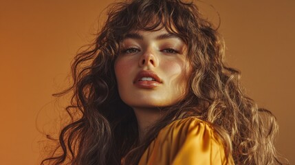 Poster - A woman with flowing curly hair gazes confidently towards the camera while dressed in a vibrant yellow top. The warm tones of the background enhance her features at sunset