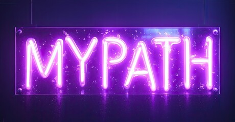 Poster - Bright purple neon sign displays text MYPATH. Dark background creates strong contrast, modern aesthetic. Simple, bold lettering.
