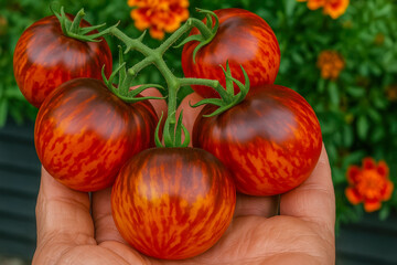 Poster - Hand holding ripe striped tomatoes against a vibrant garden backdrop in late summer
