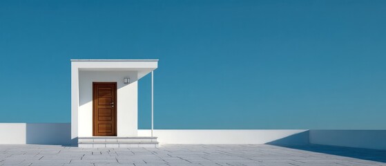 Poster - White building with brown door and blue sky