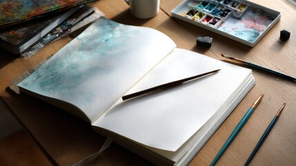Aufkleber - A book is open on a table with a pencil and a set of paintbrushes