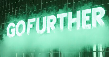Fototapete - Bright neon sign displays GOFURTHER. Green smoke fills lower portion, creating dramatic effect. Tile background visible.
