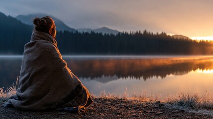 Poster - A woman is sitting on the shore of a lake, wrapped in a blanket