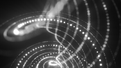 Poster - Monochrome abstract visualization of swirling dotted curves in a spiral digital formation