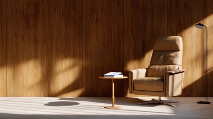 Poster - A tan leather chair is sitting in front of a wooden wall