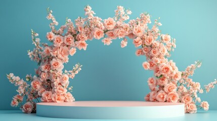 Aufkleber - A stunning floral arch adorned with delicate peach roses stands against a soft blue background, perfect for weddings, photo shoots, or special occasions
