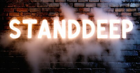 Fototapete - Bright neon sign spells STANDDEEP against brick wall. Smoke obscures lower portion, creating dramatic effect. Dark background enhances glow.