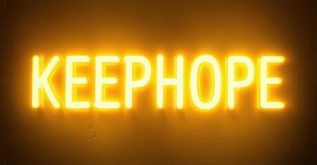 Poster - Bright neon sign displays KEEP HOPE. Warm yellow glow contrasts dark background. Positive message, simple design, inspirational text.