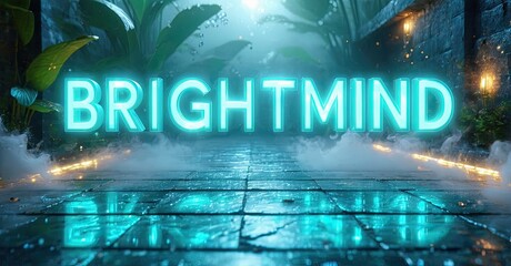 Aufkleber - Brightmind text glows above wet stone floor. Lush foliage surrounds scene. Fog creates mysterious atmosphere. Dramatic lighting enhances visual impact.