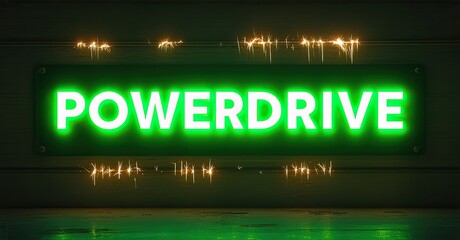 Aufkleber - Bright green neon sign displays POWERDRIVE. Dark background emphasizes glowing text, creating futuristic vibe. Minimalist design.