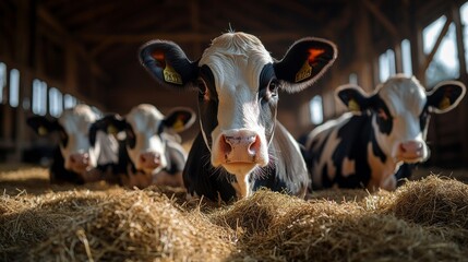 Poster - Cows lie comfortably on straw inside a spacious barn at a farm. The warm afternoon sunlight filters through the windows, illuminating the rustic wooden interior and creating a serene atmosphere