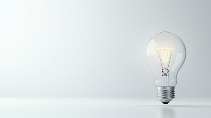 Poster - A single softly glowing incandescent light bulb suspended against a clean minimalist background symbolizing ideas innovation and the power of illumination
