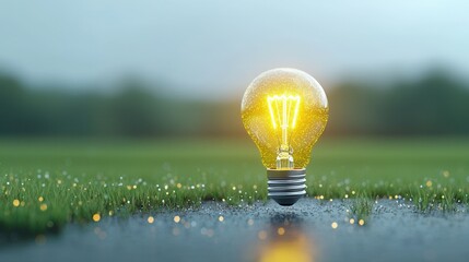 Poster - A glowing lightbulb resting in a lush dewy meadow symbolizing creative and innovative thinking in a serene natural environment