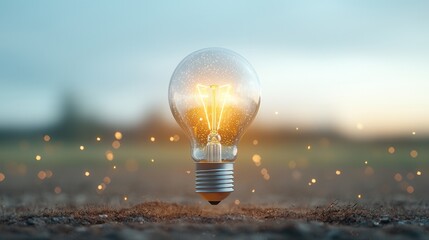 Poster - A warm illuminated light bulb stands amidst a serene natural setting symbolizing innovation creativity and the potential for growth and discovery