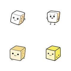 Poster - Four illustrations of cartoon cubes with faces and varying colors on a white background layout