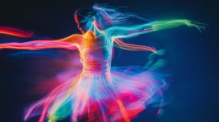 Aufkleber - A skilled dancer performs gracefully against a dark backdrop, surrounded by colorful light trails that capture the elegance and energy of ballet. The performance captures the essence of art in motion