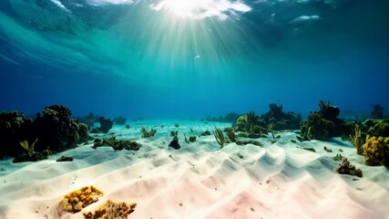 Poster - Underwater view of a sandy ocean floor with coral reef and sunlight piercing the surface, creating a tranquil aquatic scene