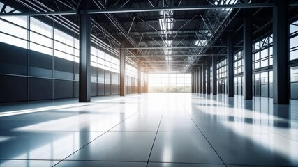 Poster - Spacious industrial hall filled with natural sunlight, large windows and concrete flooring ready for production, facility or equipment showcase