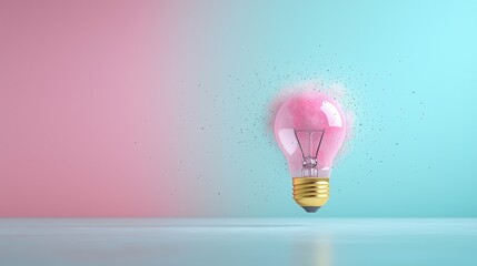 Poster - A surreal and whimsical image of a glowing pink lightbulb levitating against a vibrant blue and pink gradient background conveying a sense of innovation and creativity