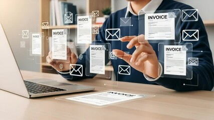 Aufkleber - Person using laptop with floating invoice and email icons around hands and the computer screen