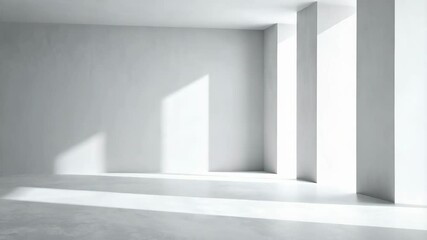 Poster - Minimalist white architectural space featuring concrete walls and floor with geometric columns and sunlight casting shadows in an empty room.