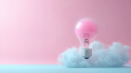 Poster - A glowing lightbulb symbolizing and creativity floats amidst wispy ethereal clouds in a serene pastel hued scene