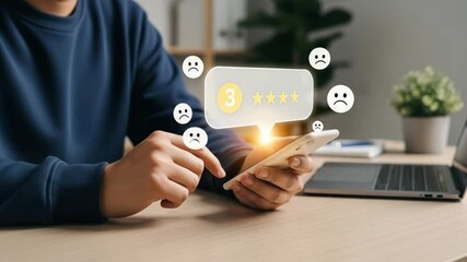 Poster - Person using smartphone with three stars rating and sad face emojis floating around it near a laptop