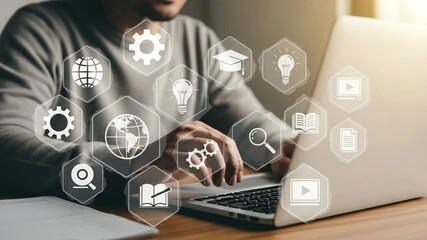 Poster - Man using laptop with education and technology icons overlayed on the screen in a bright setting