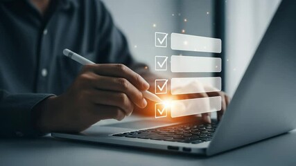 Poster - Person using stylus on a laptop with digital checklist interface overlaying the screen display