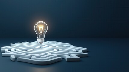 Poster - A complex maze like design with a bright illuminated light bulb positioned in the middle symbolizing the spark of and the discovery of a solution to a challenging problem