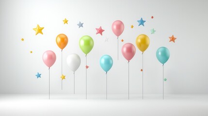 Poster - Colorful metallic star shaped balloons of various sizes and hues floating in a minimalist 3D rendered scene with a clean light background