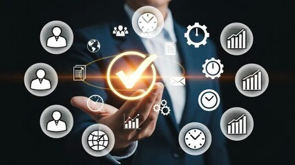 Poster - Person holding glowing checkmark with icons floating above hand in a dark background setting
