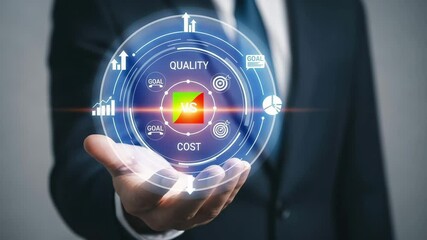 Aufkleber - A man holding a digital display showing quality versus cost with business related icons around it